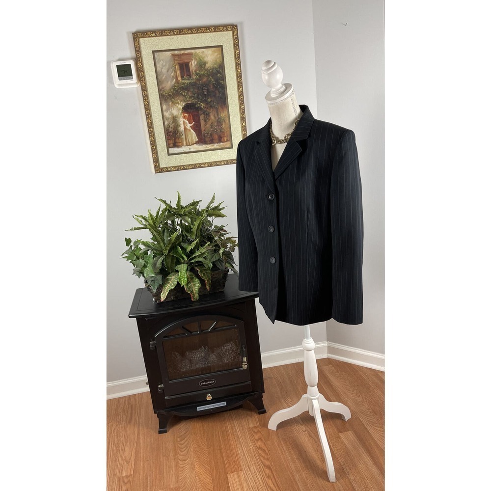 Le Suit Women's Black Blue Pinstripe Jacket Blazer‎ 16 Lined Lapel Long Sleeve